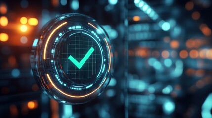 Futuristic display showing a confirmation mark.