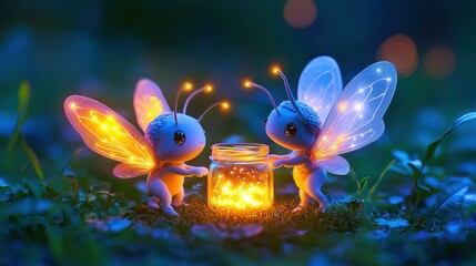 Wall Mural - Two glowing fairy creatures share a light. AI.