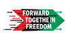 © SimpleDesignStudio - FORWARD TOGETHER IN FREEDOM. Graphic design with arrows symbolizing progress, unity, and liberation. Red, black, and green colors on a white background.