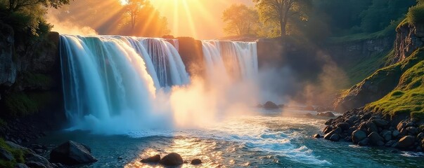 Wall Mural - Sunbeams illuminate a cascading waterfall, creating a magical, ethereal scene The water sparkles, mist hangs in the air, and the sunlight paints the landscape in vibrant hues , dramatic light, stones