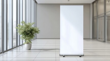 Aufkleber - White roll up banner mockup in a modern office space with large windows, providing a clean and professional backdrop for showcasing designs
