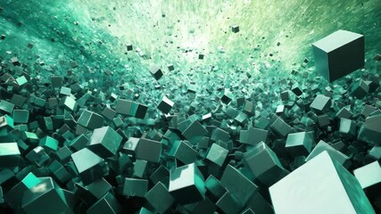 Abstract Green Cubes Floating Dynamically in Three Dimensional Space with Modern Geometric Design and Decorative Bright Emerald Colors