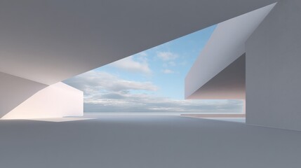 Poster - Geometric shapes create a perspective view of an open space with light gray tones and a cloudy sky background in a minimalist architectural 3d rendering