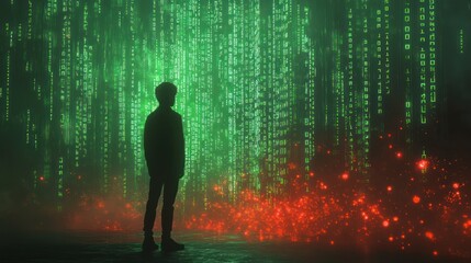 a lone figure stands amidst a cascade of shimmering green digital code contrasted by glowing red embers a representation of technological introspection