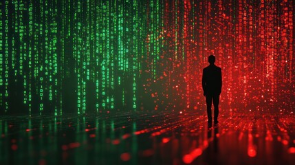 Wall Mural - a contemplative figure silhouetted amidst binary streams of green and red code symbolizing the compl
