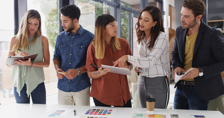 Aufkleber - Business people, teamwork and tablet with planning, creative project and brainstorming with app. Group, employees and graphic designers in office, cooperation and tech with color for proposal or talk