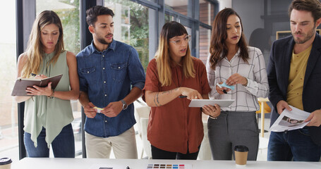 Aufkleber - Business people, cooperation and tablet with planning, creative project and feedback with app. Group, employees and graphic designers in office, meeting and tech with color for proposal or talking