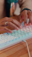 Aufkleber - Typing, editor and research with hands of person for keyboard, content creation and file import. Creative project, social platform review and closeup of influencer in home studio for online update
