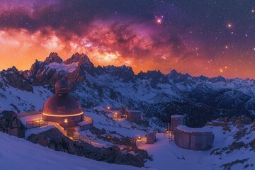 Wall Mural - Stunning Night Sky Over Snowy Mountain Observatory with Vibrant Milky Way and Starry Sky