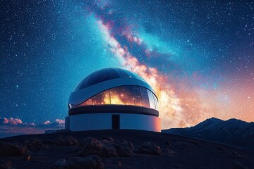 Wall Mural - Stunning Night Sky with Observatory Dome Under Milky Way Galaxy and Starry Sky in Remote Mountainous Landscape