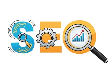 Wall Mural - seo illustration with magnifying glass, gear, and growth chart