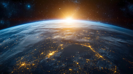 Wall Mural - Panoramic view on planet Earth globe from space. Glowing city lights, light clouds.