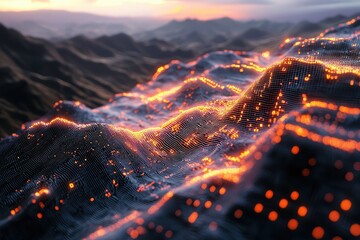Wall Mural - ** futuristic digital landscape with glowing data points on abstract mountain terrain at sunset **