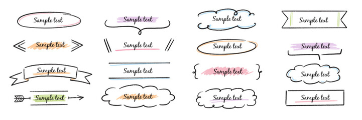 Fototapete - Text box hand drawn frame title banner set. Hand drawn doodle line banner, ribbon line label memo shape elements. Cute design marker stroke text box title, headline decoration. Vector illustration