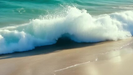 Wall Mural - Breaking waves on a white sand beach with clear blue water under bright sunlight, blue water sea waves breaking on white sand beach video background ing for live wallpaper
