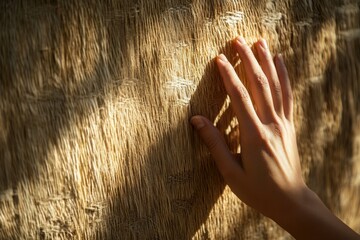 Aufkleber - A hand gently rests on a textured woven surface, bathed in sunlight, showcasing intricate craftsmanship.
