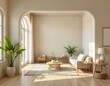 © Thi - mock up frame in home interior background with beige room and natural wooden furniture, 3d rendered to create a warm, neutral space that emphasizes simplicity, texture, and a cozy atmosphere.