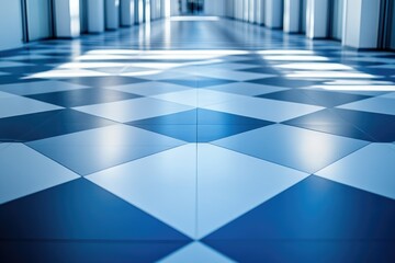 Poster - A perspective view of a modern hallway with a blue and white checkered tile floor.