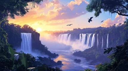 Wall Mural - waterfall landscape with trees and birds under a colorful sky.