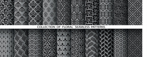 Leinwandbilder - Geometric floral set of seamless patterns. Gray and black vector backgrounds. Damask graphic ornaments