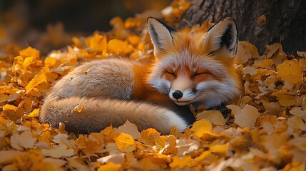 Wall Mural - a cozy red fox nestled in a bed of golden autumn leaves