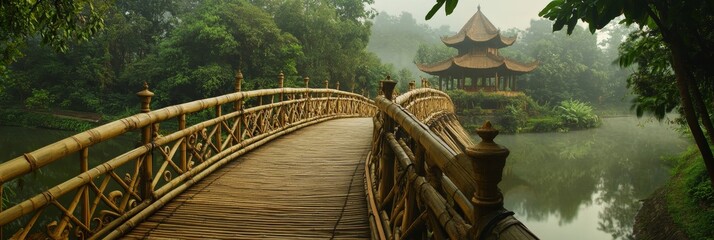 Wall Mural - wooden bridge over water leading to a pagoda surrounded by green trees.