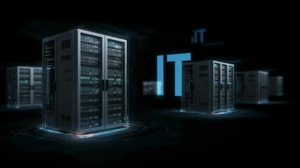 Wall Mural - server racks in a dark data center connected by digital lines. big data and information technology c
