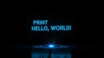 Wall Mural - print hello, world! text glowing neon blue with particles. abstract animation of programming code ex