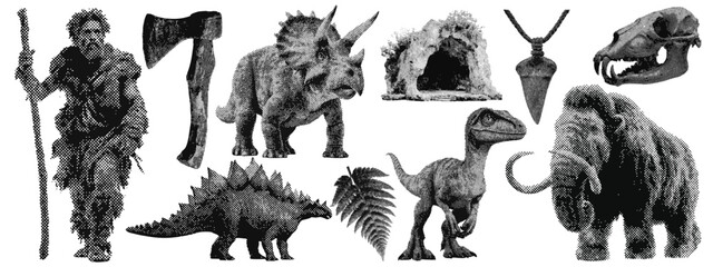 Wall Mural - set of prehistoric dinosaur halftone grunge vector design elements