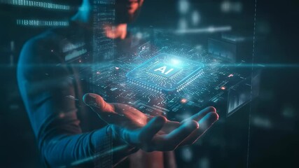 Wall Mural - man holding a holographic ai chip over his hand. artificial intelligence concept, machine learning, 