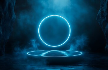 Wall Mural - abstract futuristic blue technology background with glowing circular podium and hologram elements fo