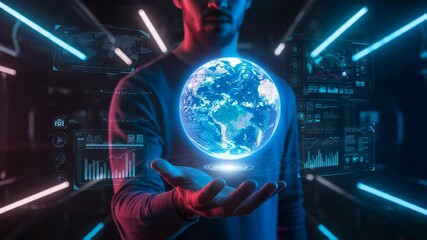 Wall Mural - man holding holographic earth globe with data interfaces. global technology, connectivity and augmen