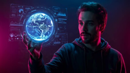 Wall Mural - man holding glowing earth globe. metaverse, global network, and innovation symbol. digital world and
