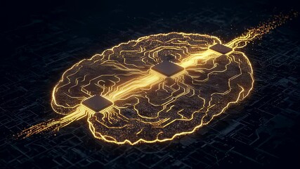Wall Mural - abstract golden glowing brain with microchips. concept of artificial intelligence, machine learning,