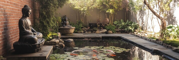 Wall Mural - buddha statues in a garden setting with a pond and greenery.