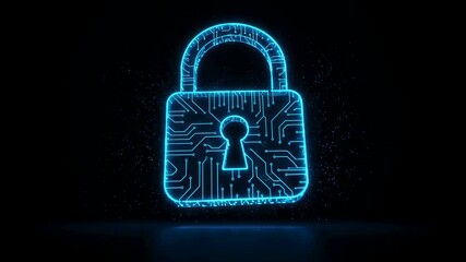Blue digital padlock icon with circuit board pattern. Cybersecurity and data protection global network security concept for technology footage.