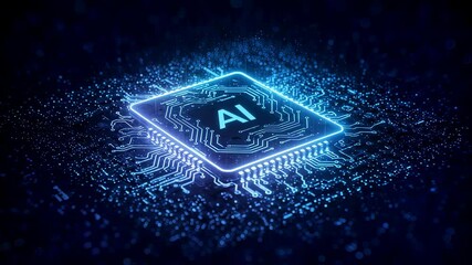 Wall Mural - glowing ai processor on circuit board. digital chip for artificial intelligence and machine learning