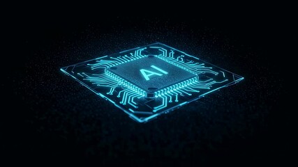Wall Mural - closeup of an artificial intelligence (ai) chip with glowing blue circuits on dark background repres