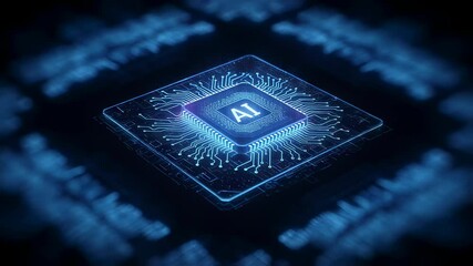 Wall Mural - macro view of an ai processor illuminating data. cpu circuit board with artificial intelligence sign