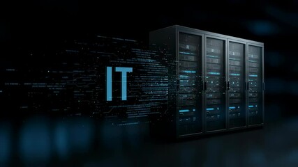 Wall Mural - three data server racks with it text and data flow. information technology concept, data storage and