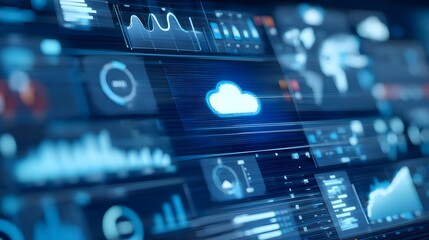 Futuristic cloud computing data dashboard with live visualizations
