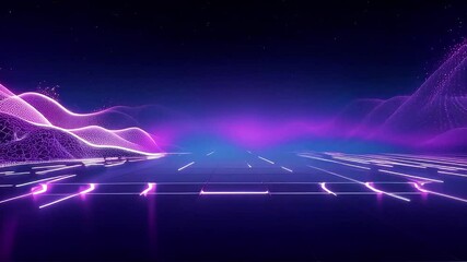 Poster - Neon Purple Landscape: Glowing Lines and Digital Mountainscape