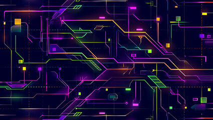 Abstract neon circuit board design illustrating technology data flow and modern digital connection