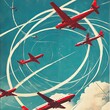 © Nasreen - An illustration of an air show with red and white planes flying in the sky, leaving trails behind them. The trails are connected by lines to form overlapping circles.