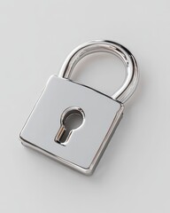 a shiny, silver padlock sits on a light gray surface; its square body and curved shackle gleam under