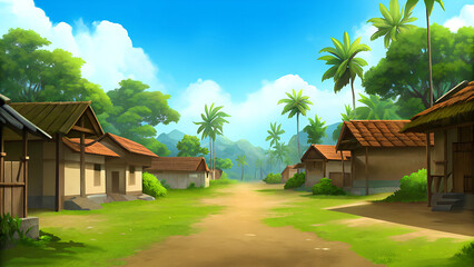 Cartoon Indian Village Landscape with Huts and Palm Trees