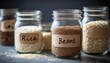 © ศิริลักษณ์ ลาภขุนทด - Jars of Rice, Beans, Lentils, and Sesame on Dark Background for Culinary and Healthy Food Concept