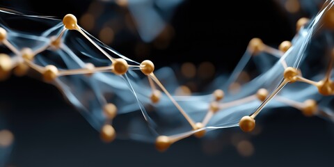 A string of gold and blue beads that look like they are connected to each other. The beads are arranged in a way that they look like they are part of a larger structure. The image has a sense of order