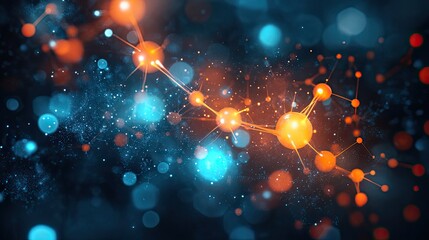 Wall Mural - illuminated orange and blue molecular structure with glowing particles on a dark background