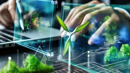 Aufkleber - Exploring Futuristic Digital Screens Eco Friendly Technology and Sustainable Energy Innovations with Wind Turbines and Greenery Concepts